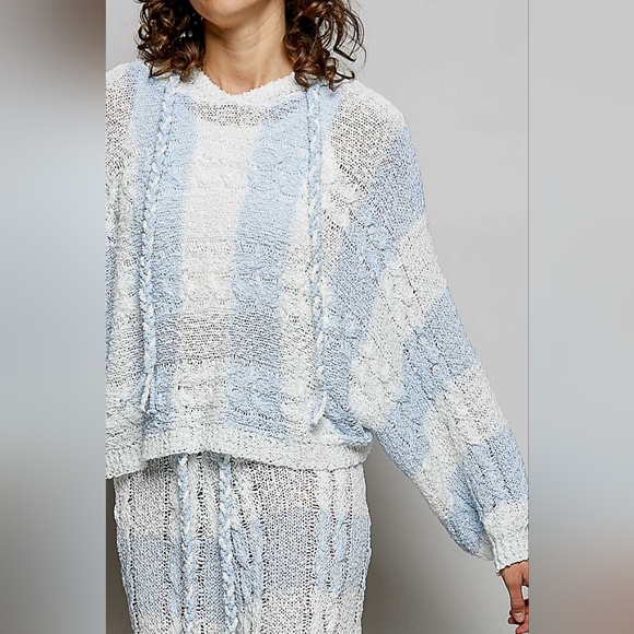 ​POL Blue & White Striped Cable Knit Hoodie & Wide Leg Pant Coordinated Set - Picture 11 of 12